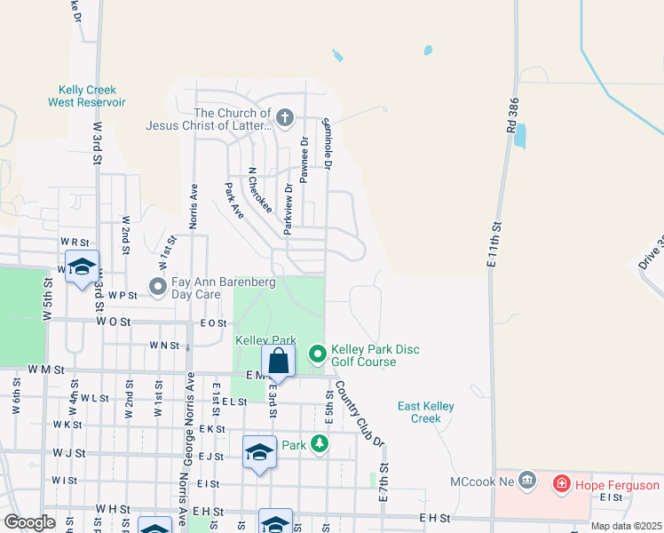 map of restaurants, bars, coffee shops, grocery stores, and more near 101 Seminole Drive in McCook