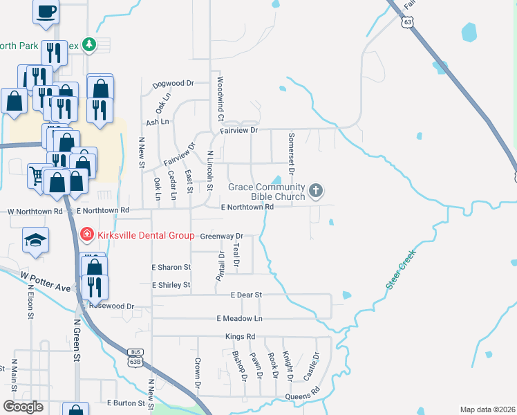 map of restaurants, bars, coffee shops, grocery stores, and more near 1200-1398 East Northtown Road in Kirksville