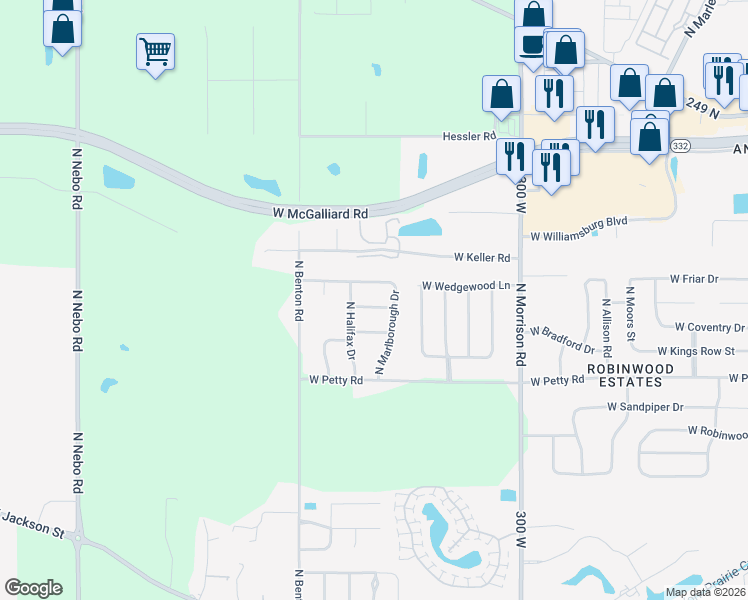 map of restaurants, bars, coffee shops, grocery stores, and more near 5408 W Blair Dr in Muncie