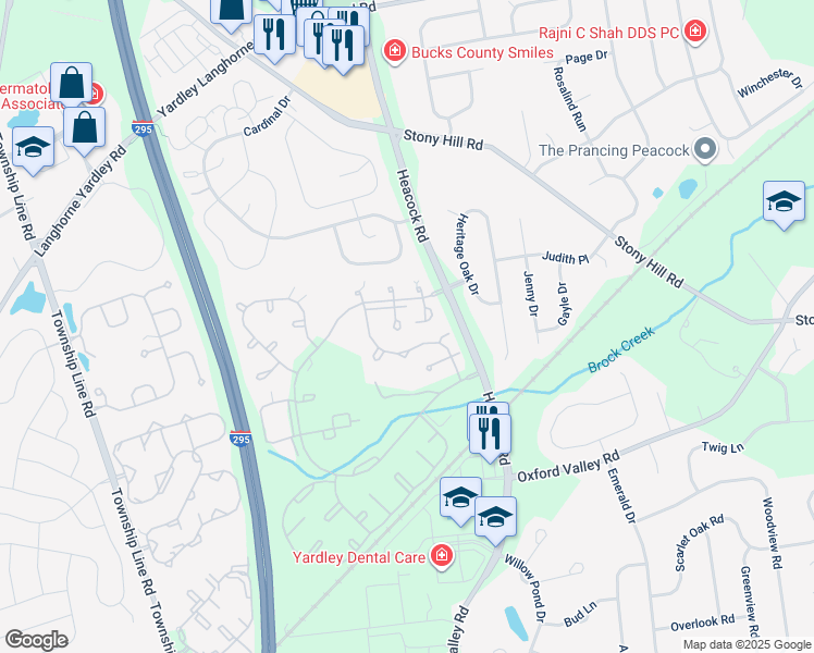 map of restaurants, bars, coffee shops, grocery stores, and more near 1653 Covington Road in Yardley