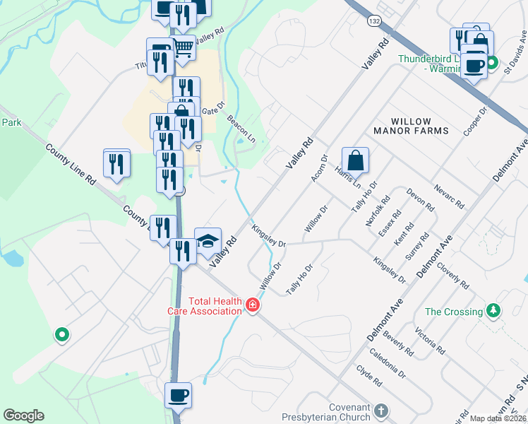 map of restaurants, bars, coffee shops, grocery stores, and more near 119 Valley Road in Warminster