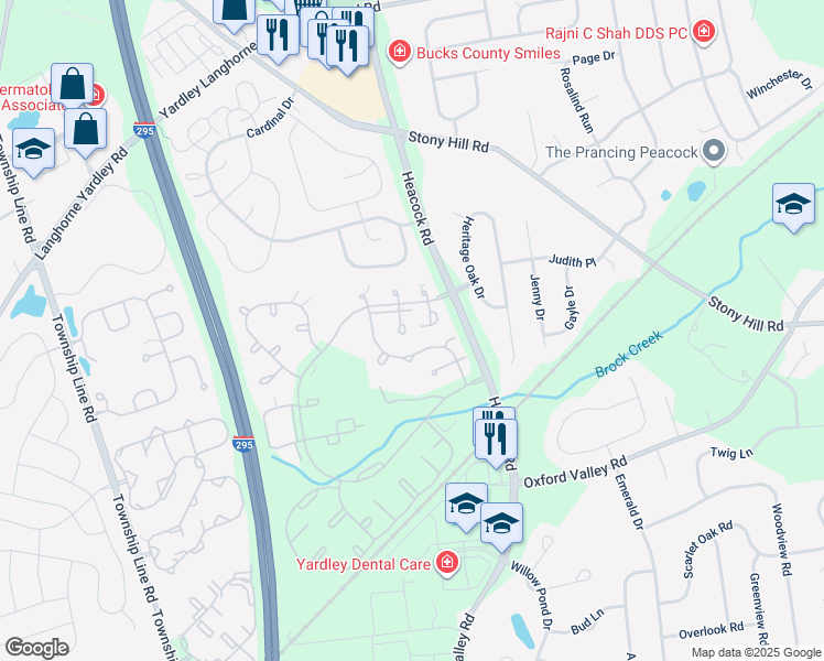 map of restaurants, bars, coffee shops, grocery stores, and more near 1653 Covington Road in Yardley