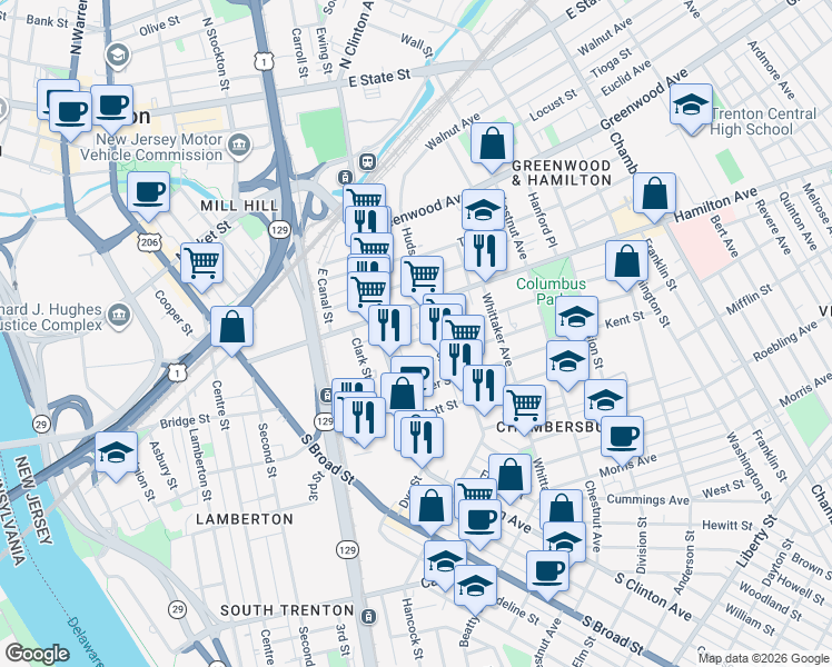 map of restaurants, bars, coffee shops, grocery stores, and more near 38 Bayard Street in Trenton
