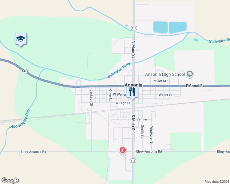 map of restaurants, bars, coffee shops, grocery stores, and more near 221 West Weller Street in Ansonia