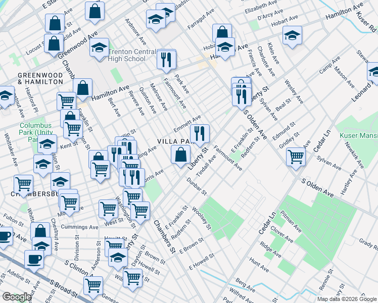 map of restaurants, bars, coffee shops, grocery stores, and more near 1066 Quinton Avenue in Trenton