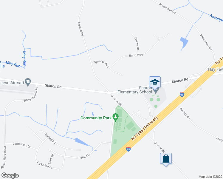 map of restaurants, bars, coffee shops, grocery stores, and more near 341 Gordon Road in Robbinsville Township