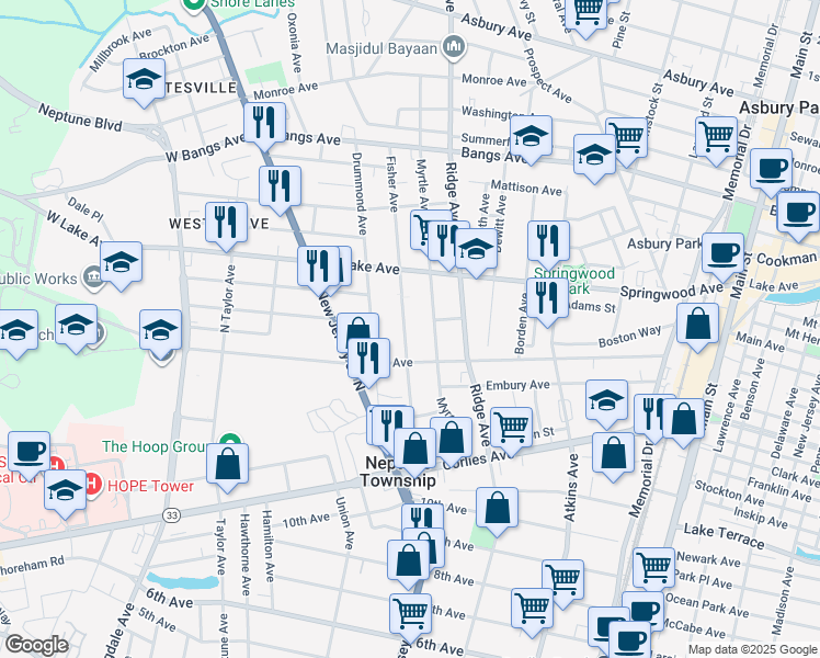 map of restaurants, bars, coffee shops, grocery stores, and more near 224 Fisher Avenue in Neptune City