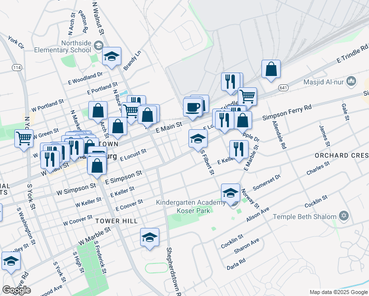 map of restaurants, bars, coffee shops, grocery stores, and more near 120 South Filbert Street in Mechanicsburg