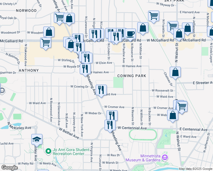 map of restaurants, bars, coffee shops, grocery stores, and more near 901-999 West Cowing Drive in Muncie