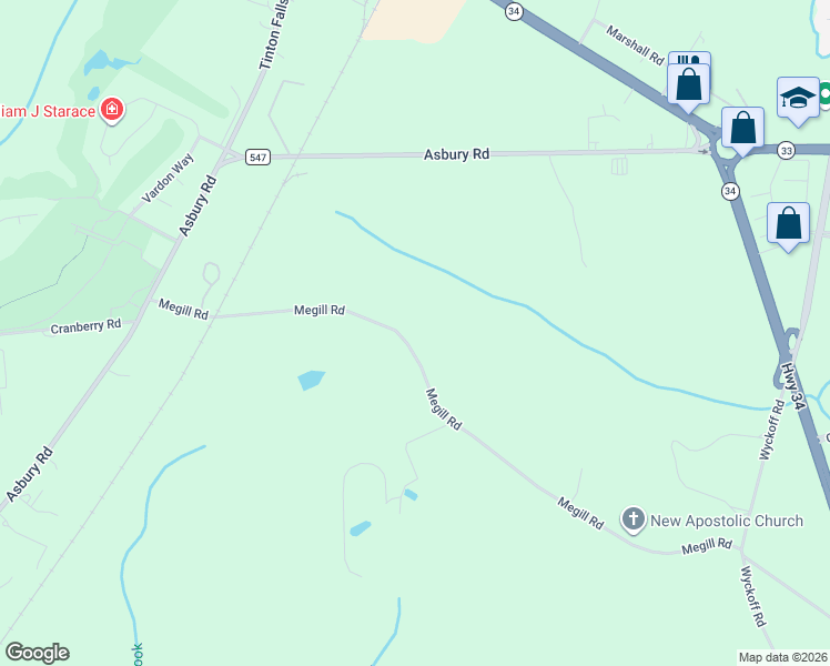 map of restaurants, bars, coffee shops, grocery stores, and more near 124 Megill Road in Farmingdale