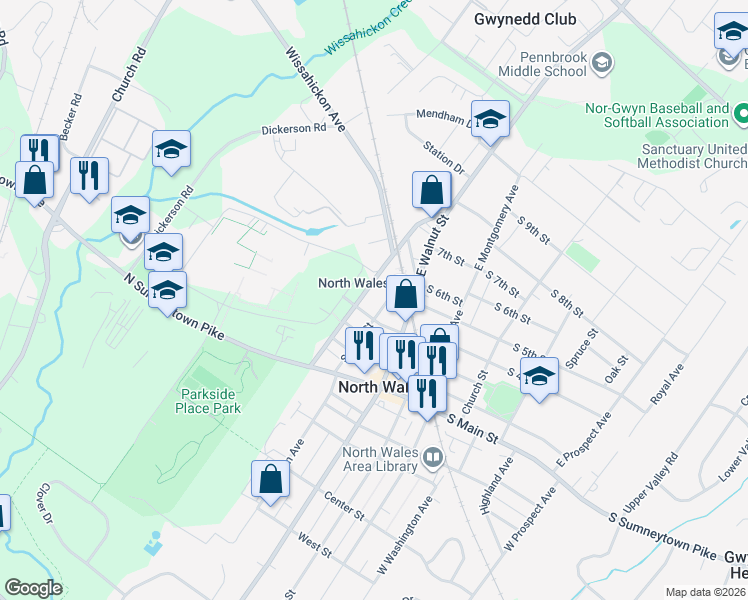 map of restaurants, bars, coffee shops, grocery stores, and more near 402 School Street in North Wales