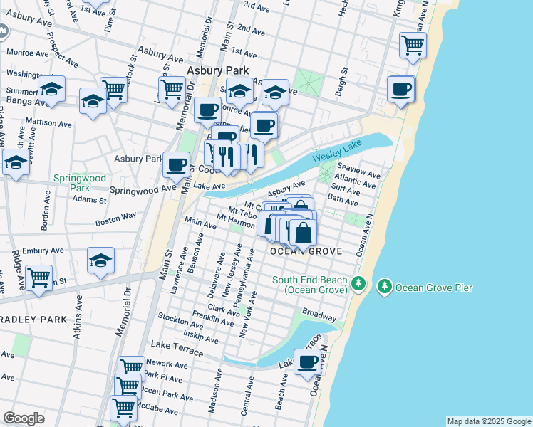 map of restaurants, bars, coffee shops, grocery stores, and more near 33 New York Avenue in Neptune Township