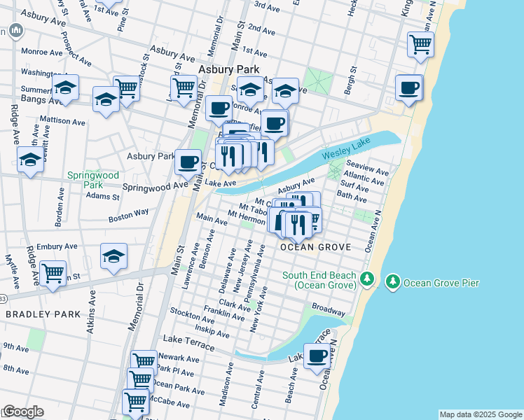 map of restaurants, bars, coffee shops, grocery stores, and more near 38 New Jersey Avenue in Monmouth County