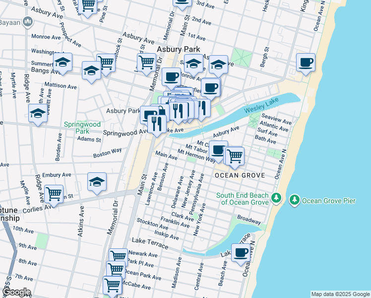 map of restaurants, bars, coffee shops, grocery stores, and more near 124 Mount Hermon Way in Neptune Township
