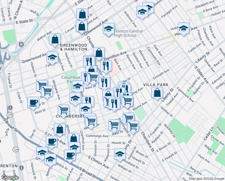 map of restaurants, bars, coffee shops, grocery stores, and more near 158 Washington Street in Trenton