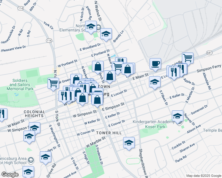 map of restaurants, bars, coffee shops, grocery stores, and more near 15 South Arch Street in Mechanicsburg
