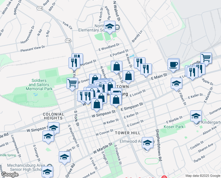 map of restaurants, bars, coffee shops, grocery stores, and more near in Mechanicsburg