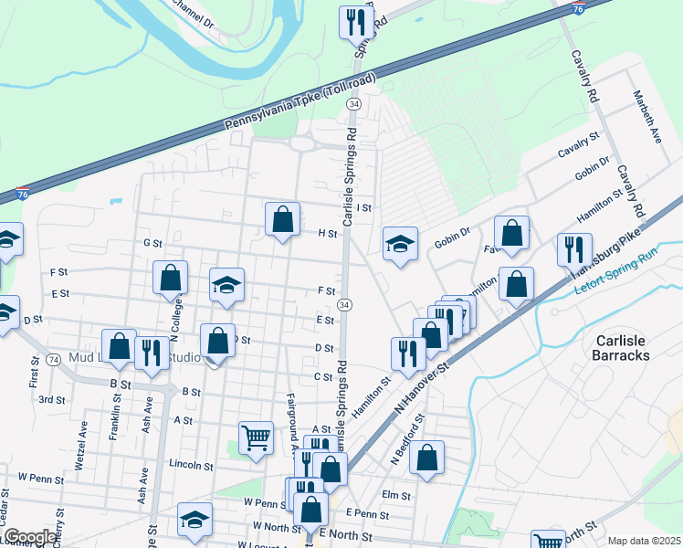 map of restaurants, bars, coffee shops, grocery stores, and more near 178 Carlisle Springs Road in Carlisle