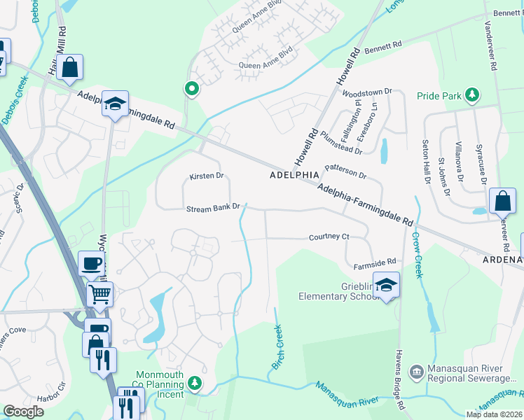 map of restaurants, bars, coffee shops, grocery stores, and more near 55 Stream Bank Drive in Freehold