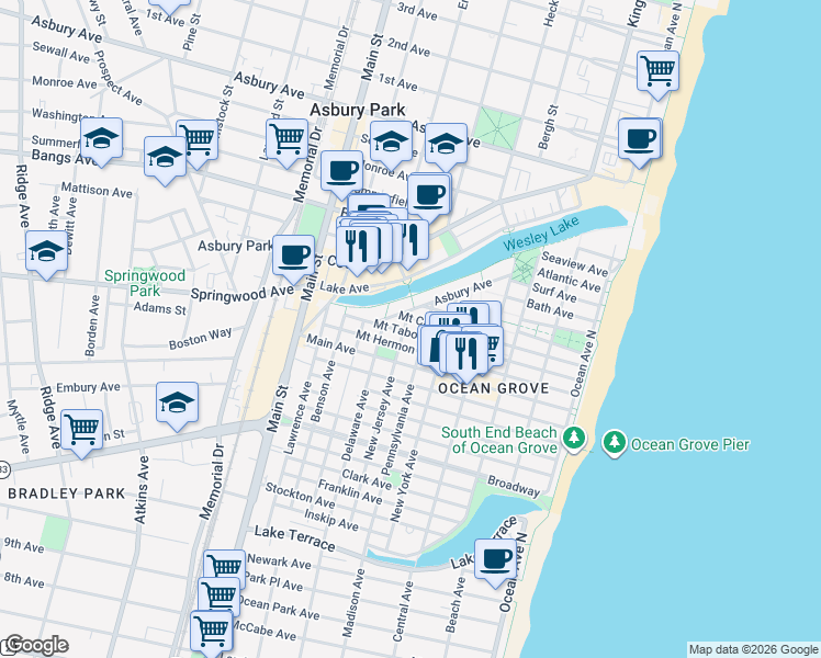 map of restaurants, bars, coffee shops, grocery stores, and more near 38 New Jersey Avenue in Monmouth County