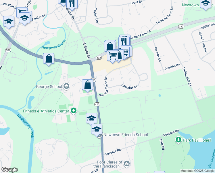 map of restaurants, bars, coffee shops, grocery stores, and more near 8 Oakridge Drive in Langhorne