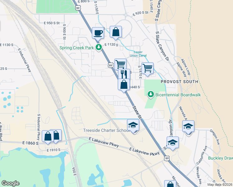 map of restaurants, bars, coffee shops, grocery stores, and more near 1261 East 1500 South in Provo