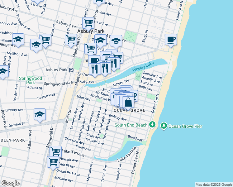 map of restaurants, bars, coffee shops, grocery stores, and more near Mount Carmel Way in Monmouth County