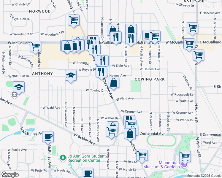 map of restaurants, bars, coffee shops, grocery stores, and more near in Muncie