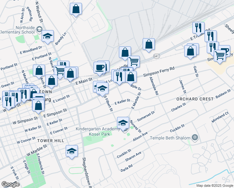 map of restaurants, bars, coffee shops, grocery stores, and more near 208 Norway Street in Mechanicsburg