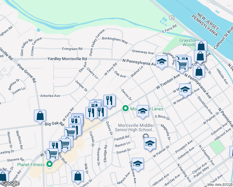 map of restaurants, bars, coffee shops, grocery stores, and more near 243 Walnut Lane in Morrisville