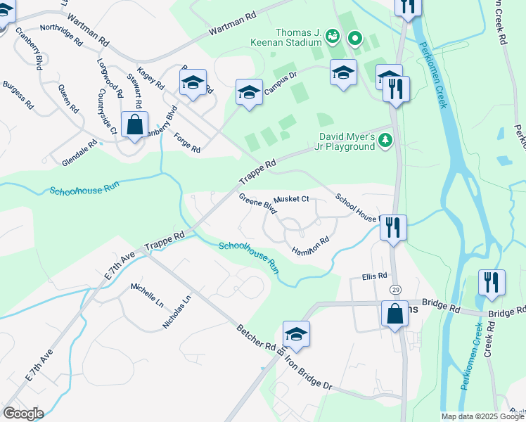 map of restaurants, bars, coffee shops, grocery stores, and more near 802 Red Coat Road in Collegeville