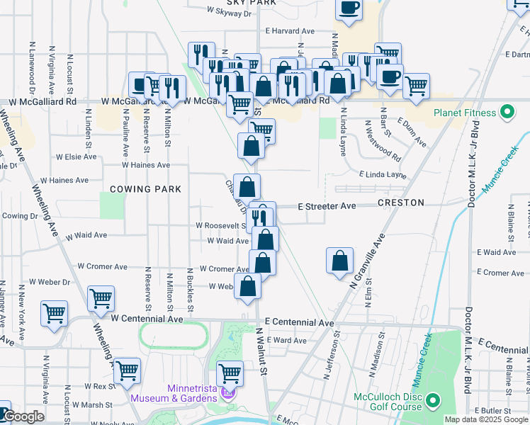 map of restaurants, bars, coffee shops, grocery stores, and more near 121 East Streeter Avenue in Muncie