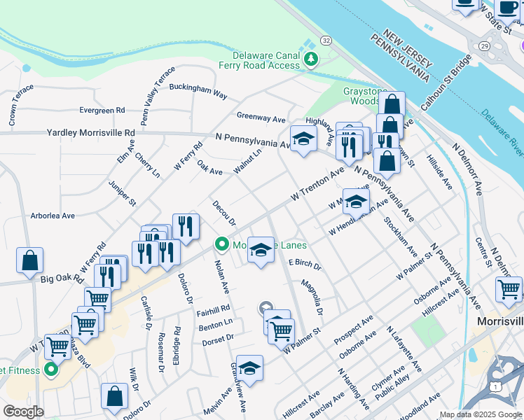 map of restaurants, bars, coffee shops, grocery stores, and more near 210 West Trenton Avenue in Morrisville