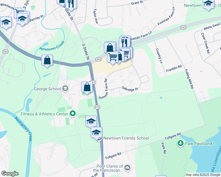 map of restaurants, bars, coffee shops, grocery stores, and more near 88 Oakridge Drive in Langhorne
