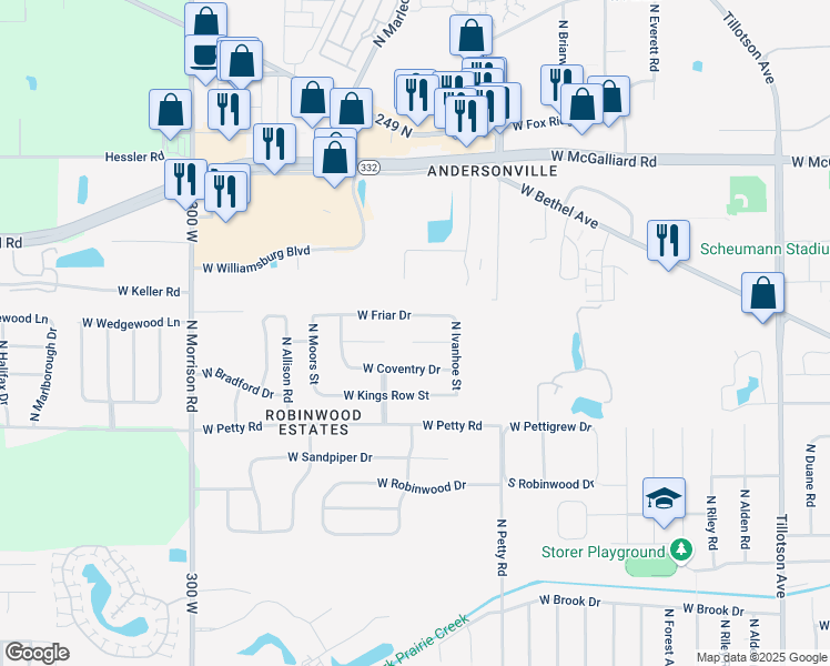map of restaurants, bars, coffee shops, grocery stores, and more near 4114 West Squire Court in Muncie