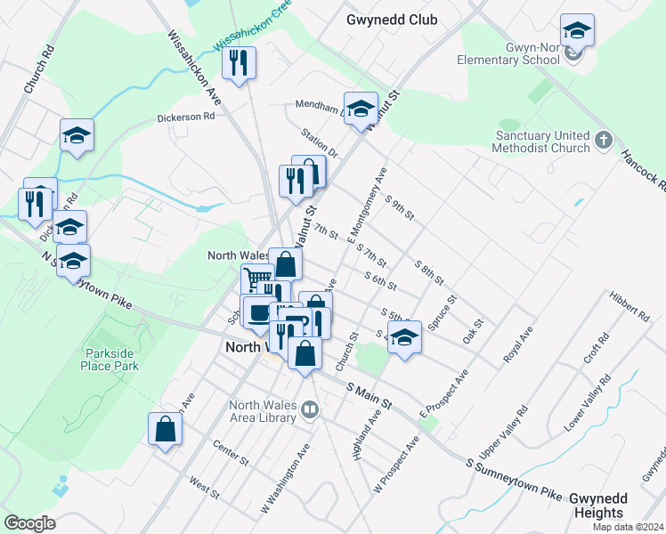 map of restaurants, bars, coffee shops, grocery stores, and more near 167 South 6th Street in North Wales