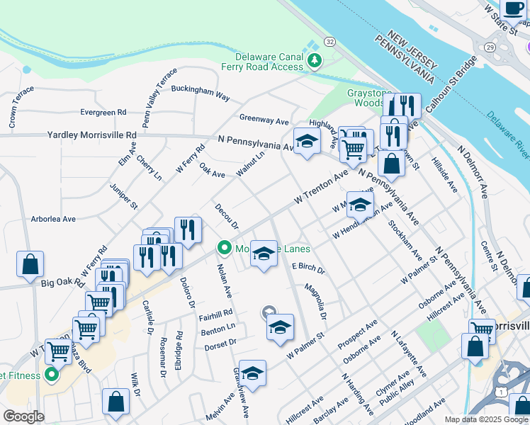 map of restaurants, bars, coffee shops, grocery stores, and more near 210 West Trenton Avenue in Morrisville