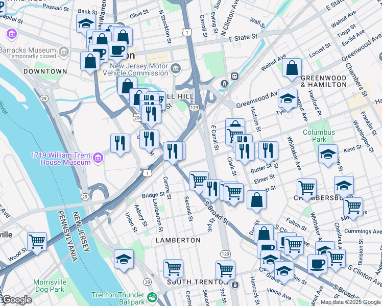 map of restaurants, bars, coffee shops, grocery stores, and more near 80 Hamilton Avenue in Trenton