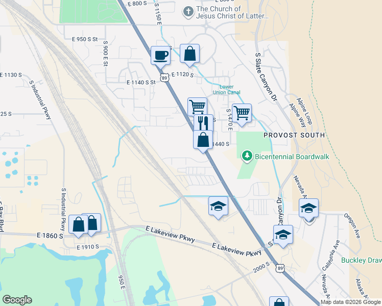 map of restaurants, bars, coffee shops, grocery stores, and more near 1460 South State Street in Provo