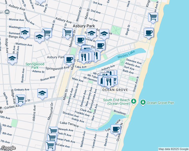 map of restaurants, bars, coffee shops, grocery stores, and more near 38 New Jersey Avenue in Monmouth County