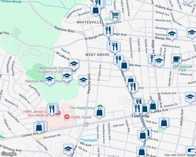 map of restaurants, bars, coffee shops, grocery stores, and more near 2101 Bradley Avenue in Neptune City