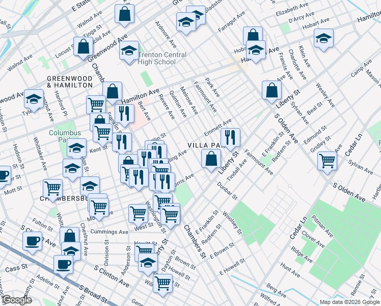 map of restaurants, bars, coffee shops, grocery stores, and more near 1031 Revere Avenue in Trenton