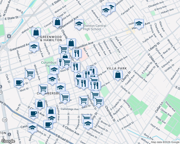 map of restaurants, bars, coffee shops, grocery stores, and more near 799 Chambers Street in Trenton