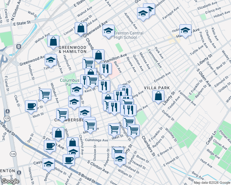 map of restaurants, bars, coffee shops, grocery stores, and more near 799 Chambers Street in Trenton