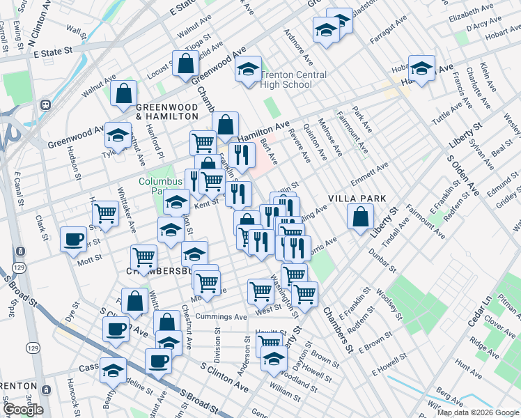 map of restaurants, bars, coffee shops, grocery stores, and more near 799 Chambers Street in Trenton