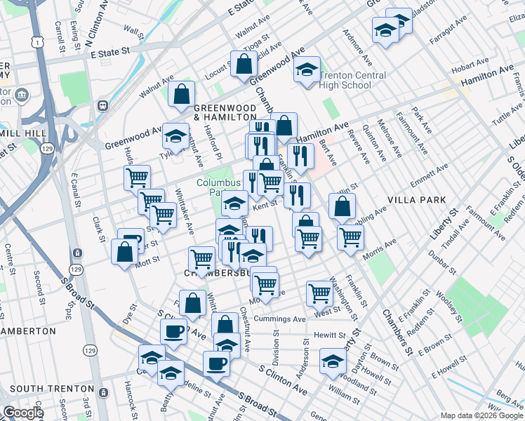 map of restaurants, bars, coffee shops, grocery stores, and more near 122 1/2 Division Street in Trenton
