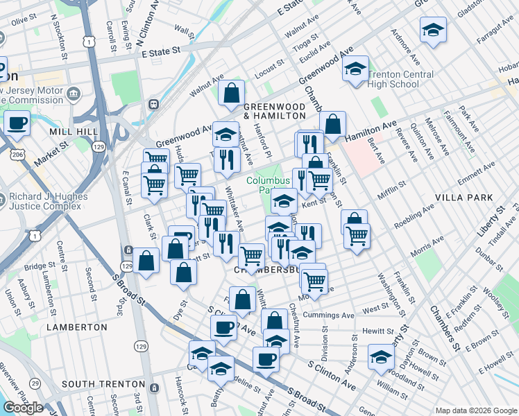map of restaurants, bars, coffee shops, grocery stores, and more near 428 Elmer Street in Trenton