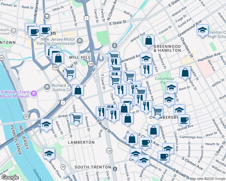 map of restaurants, bars, coffee shops, grocery stores, and more near 519 South Clinton Avenue in Trenton