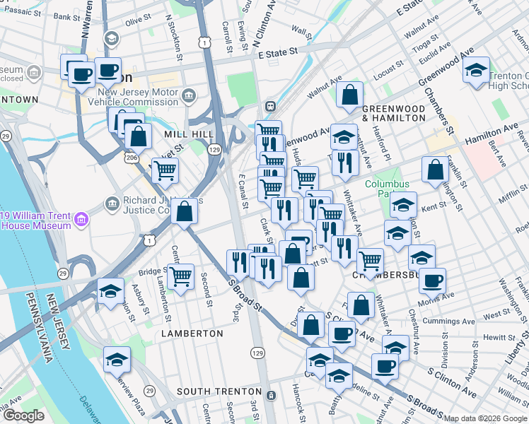 map of restaurants, bars, coffee shops, grocery stores, and more near 519 South Clinton Avenue in Trenton
