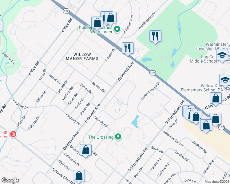 map of restaurants, bars, coffee shops, grocery stores, and more near 33 Villa Drive in Warminster